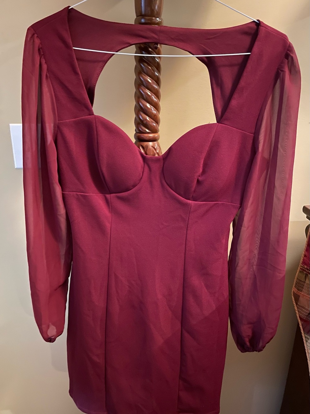 Crystal Doll Burgundy Long-Sleeve Sweetheart Mini Dress